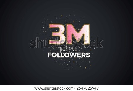 3M isolated on Dark background with sparkling confetti, Thank you followers peoples, golden, Black number 3M online social group, 4M