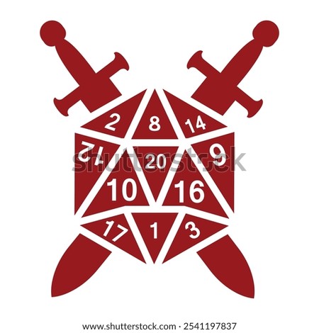 D20 dice with sword. D20 dice for board game. d20. Dice d20 for playing Dnd. Dungeon and dragons board game. game dice. gamer, board game,  retro, vector, illustration