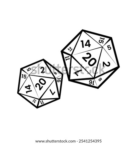 Pair of D20 Dice vector. D20 dice for board game. Board game dice. RPG. Tabletop RPGs. Gaming Enthusiasts. DnD. Role-Playing Game Dice Iconretro.Gaming Fans. play, illustration, icon