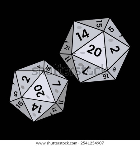 Pair of D20 Dice vector. D20 dice for board game. Board game dice. RPG. Tabletop RPGs. Gaming Enthusiasts. DnD. Role-Playing Game Dice Iconretro.Gaming Fans. play, illustration, icon