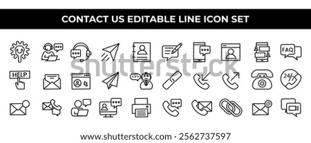 Contact Us Icon Set featuring editable line icons of phones, emails, location pins, and communication symbols. Perfect for websites, business cards, branding, and customer support materials. 