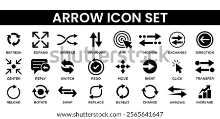 Arrow icon set featuring navigation, directional, curved, and circular arrows. Perfect for graphic design, presentations, user interface, and business projects requiring arrow visuals.