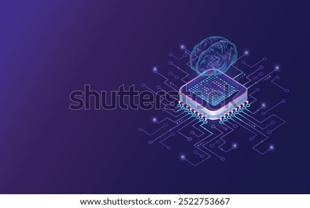  a futuristic  glowing microchip with a stylized, digital brain floating above it, symbolizing the (AI) and the merging of human cognitive abilities with advanced computing,neon purple and blue colors