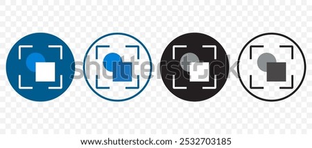 Scanner Icon Set Featuring Four Variants in Blue and Black Designs. Blue and Black Circular Designs Incorporating Square and Circle Elements in a Focused Frame for Scanning or Recognition Functions