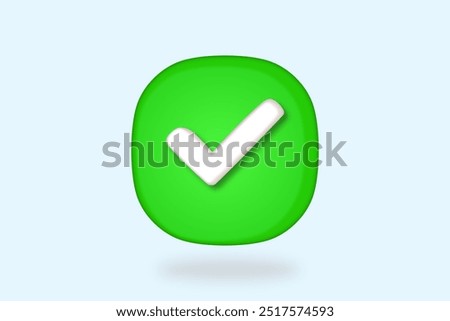 A 3D vector illustration icon of a green rounded square with a white check mark in the center, floating against a light blue background