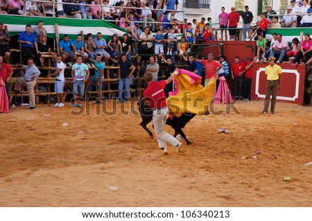 SAN JUAN, HUELVA, SPAIN - JUNE 23: The festival of St. John the Baptist\'s. Running of the Bulls of San Juan is the most popular celebration in Andalusia on June 23, 2012 in San Juan, Huelva, Spain.
