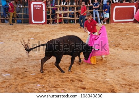 SAN JUAN, HUELVA, SPAIN - JUNE 23: The festival of St. John the Baptist\'s. Running of the bulls is part of the San Juan celebration in Andalusia on June 23, 2012 in San Juan, Huelva, Spain.