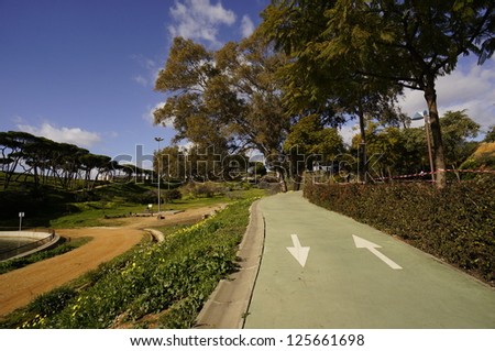 cycle tracks, winter in Park Moret, one of the largest urban parks in Andalusia is a treasure of 72.5 hectares forming the green lung of the city of Huelva, Spain