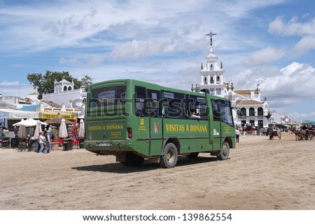 El ROCIO, ANDALUCIA, SPAIN - MAY 19: The pilgrimage, guided tour mini in bus, used by the pilgrims making their way each year at to the most famous RomerÃ?Â­a El Rocio on May 19, 2013 in el Rocio, Spain