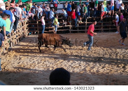 SAN JUAN, HUELVA, SPAIN - JUNE 20: The festival of St. John the Baptist's. Running of the Bulls of San Juan is the most popular celebration in Andalusia on June 20, 2013 in San Juan, Huelva, Spain