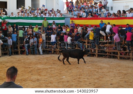 SAN JUAN, HUELVA, SPAIN - JUNE 20: The festival of St. John the Baptist\'s. Running of the Bulls of San Juan is the most popular celebration in Andalusia on June 20, 2013 in San Juan, Huelva, Spain