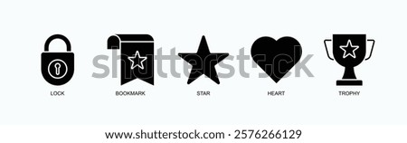 Achievements And Favorites Icon Set Isolated Vector With Icon Of Lock, Bookmark, Star, Heart, Trophy In Glyph Style