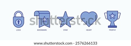 Achievements And Favorites Icon Set Isolated Vector With Icon Of Lock, Bookmark, Star, Heart, Trophy In Blue Style