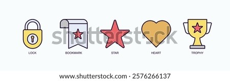 Achievements And Favorites Icon Set Isolated Vector With Icon Of Lock, Bookmark, Star, Heart, Trophy In Outline Color Style