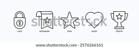 Achievements And Favorites Icon Set Isolated Vector With Icon Of Lock, Bookmark, Star, Heart, Trophy In Outline Style