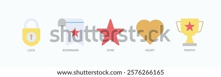 Achievements And Favorites Icon Set Isolated Vector With Icon Of Lock, Bookmark, Star, Heart, Trophy In Flat Style