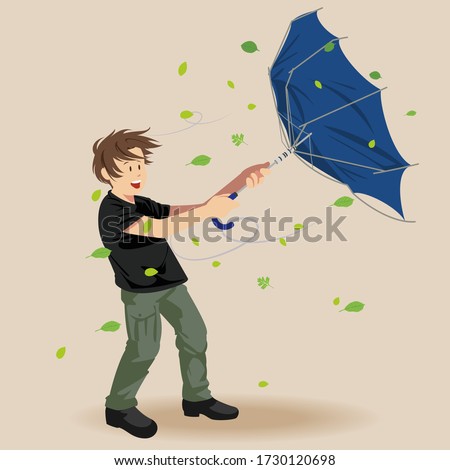 Man tries to hold his umbrella in a strong wind. Man stand during wind blowing. Natural disaster. Changeable weather. Vector illustration