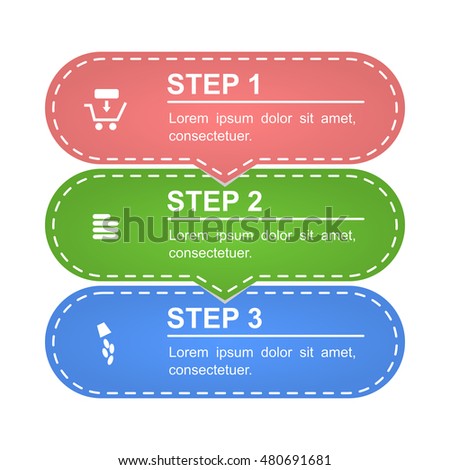 Unusual modern colorful infographics of online shopping. Three steps, interesting design. Isolated vector illustration on white background.