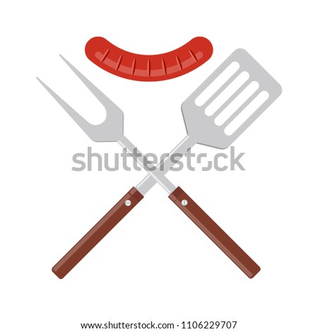 BBQ or grill tools icon. Crossed barbecue fork and spatula with grilled sausage. Symbol Template Logo. Vector illustration flat design. Isolated on white background.