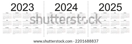Calendar grid for 2023, 2024 and 2025 years. Simple horizontal template in Russian language. Week starts from Monday. Isolated vector illustration on white background.