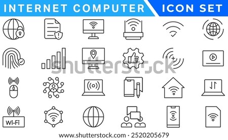 Internet computer icon set. Containing online, computer, network, website, server, web design, hardware, software and programming. Solid icons vector collection.