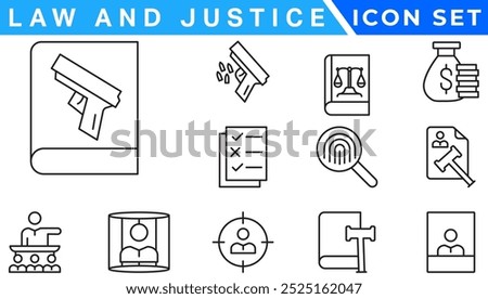 law and  justice icons. editable thin line icons such as passion, fired, oath, accredited, diversify, judge chair, alerts, manufacture stock vector.