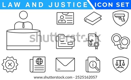 law and justice icons. editable thin line icons such as passion, fired, oath, accredited, diversify, judge chair, alerts, manufacture stock vector.