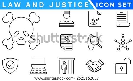 law and justice icons. editable thin line icons such as passion, fired, oath, accredited, diversify, judge chair, alerts, manufacture stock vector.