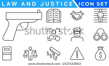 law and justice icons. editable thin line icons such as passion, fired, oath, accredited, diversify, judge chair, alerts, manufacture stock vector.