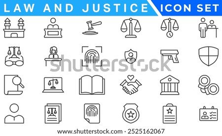 law and justice icons. editable thin line icons such as passion, fired, oath, accredited, diversify, judge chair, alerts, manufacture stock vector.