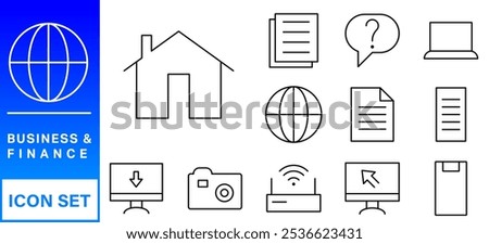 Business and finance editable stroke line icon set with money, bank, check, law, auction, exchance, payment, wallet, deposit, piggy, calculator, web and more isolated outline thin symbol