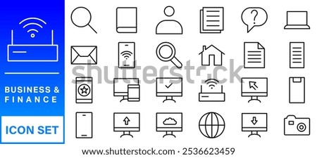 Business and finance editable stroke line icon set with money, bank, check, law, auction, exchance, payment, wallet, deposit, piggy, calculator, web and more isolated outline thin symbol