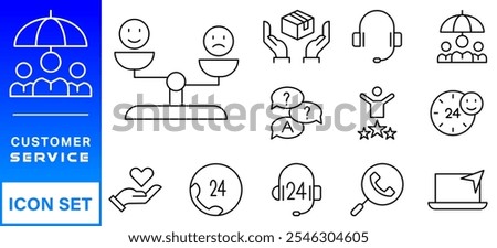 Customer service icon set. Containing customer satisfied, assistance, experience, feedback, operator and technical support icons.