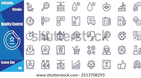 Quality control set of web icons in line style. Quality Check computing icons for web and mobile app. Containing inspection, evaluation, production, quality assurance, certificate, testing and more