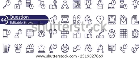 Simple set of question related vector line icons. Question mark, surprised man, dialog, search for answers.