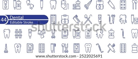 Dental editable stroke outline Icons set. Dentist, care, disease, teeth whitening, removal, broken, root canal, tooth filling and wisdom teeth