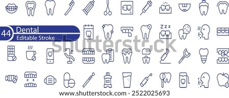 Dental editable stroke outline Icons set. Dentist, care, disease, teeth whitening, removal, broken, root canal, tooth filling and wisdom teeth