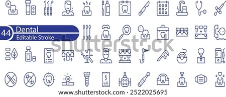 Dental editable stroke outline Icons set. Dentist, care, disease, teeth whitening, removal, broken, root canal, tooth filling and wisdom teeth