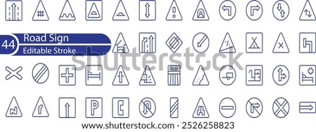 Road Sign editable stroke outline web icons set. Road, sign, highway, traffic, arrow, path, direction, map, route and accident