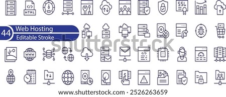 Web Hosting editable stroke outline web icons set. Web hosting, server, data center, cloud hosting, vps, domain, ftp, internet, ssl, database and firewall.