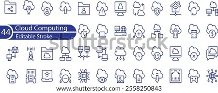 Set of line icons related to cloud computing, cloud services, server, cyber security, digital transformation. Outline icon collection