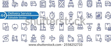 Delivery icons set. Collection of simple linear web icons such as Shipping By Sea Air, Delivery Date, Courier, Warehouse, Return Search Parcel, Fast Shipping and others