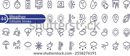 Weather web icons set. Weather forecast - simple thin line icons collection. Containing clouds, temperature, sunny day, rain, wind and more.