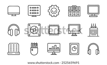 PC, such as RAM memory, hdd, ssd cpu processor. Keyboard mouse headphone speakers, laptop monitor server editable stroke outline icon set flat vector illustration on white background