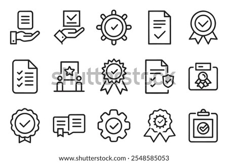 Evaluation, production, quality assurance, certificate related editable stroke outline icon set isolated flat vector illustration white background