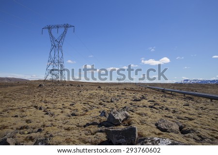 Electric pole and geothermal hot water pipe from Nesjavellir Geothermal Power Station in Iceland