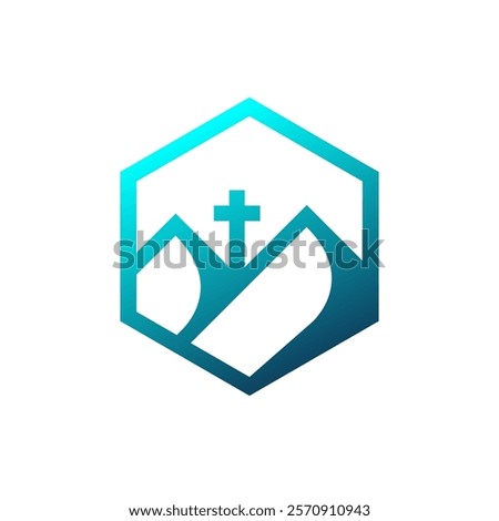 Cross on summit blue logo design. Montain, adventure, religion logo design