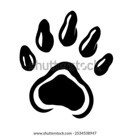 A black and white paw print with a white background. The paw print is the main focus of the image