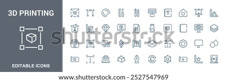 3D printing icon set with print technology. Editable stroke line symbols. Industrial production tech, computer aided design.