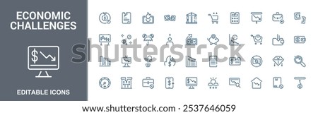 Economic Challenges thin line icon set. Includes thin line reduction, bankrupt, fail, risk, statistics, decrease and more. Minimalist icon collections. Pixel perfect. Editable vector stroke.